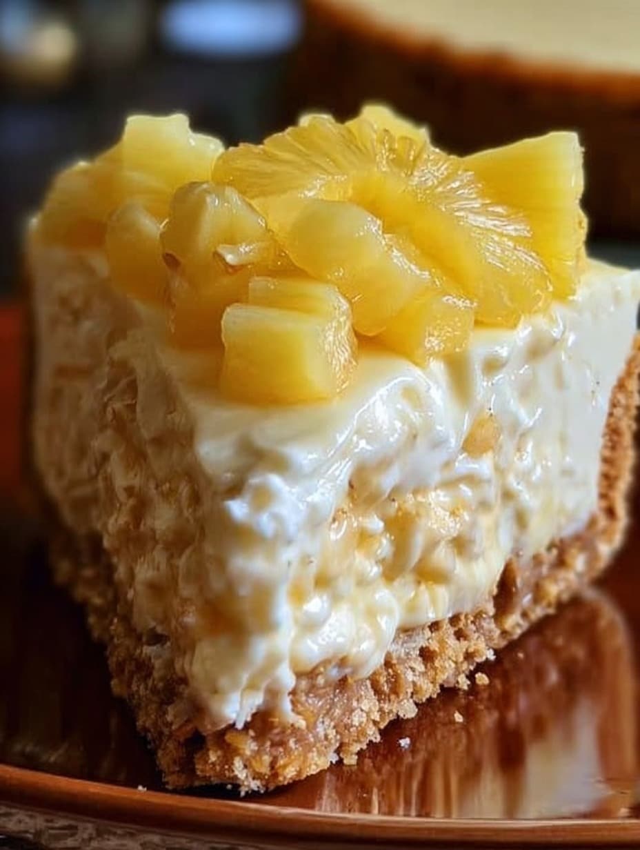 Tarta de queso piña decorada con trozos de piña fresca sobre un plato blanco.