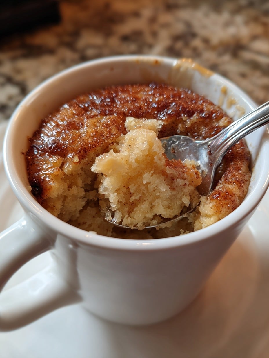 Pastel en taza de avena con manzana y canela recién preparado, servido en una taza blanca con canela espolvoreada.