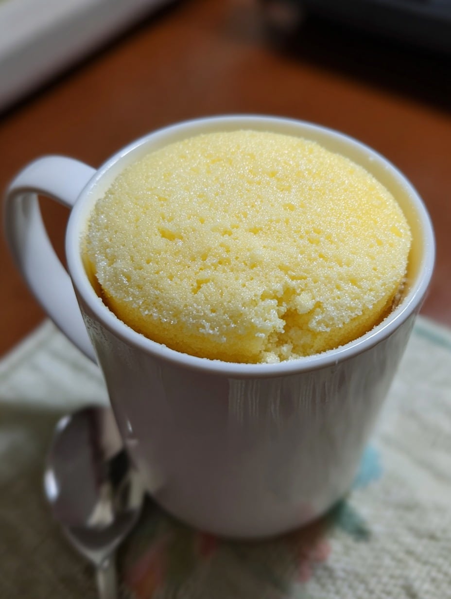 Mug cake de yogur y limón recién preparado en una taza blanca, esponjoso y decorado con ralladura de limón encima.