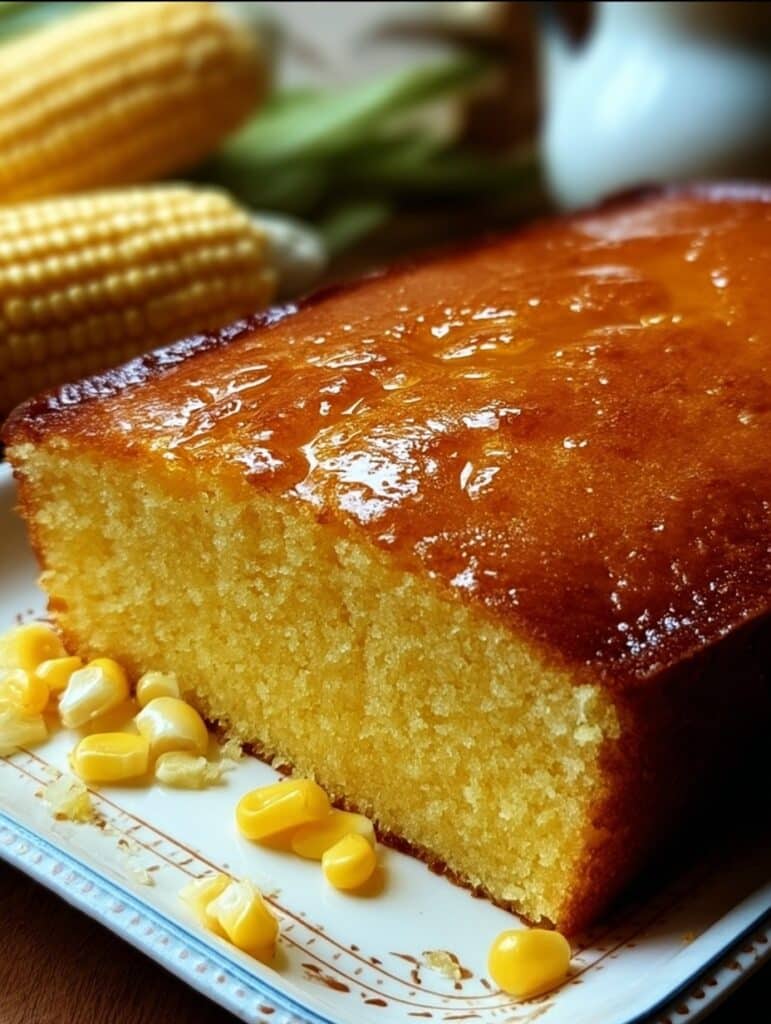Pan de Elote en Licuadora casero, dorado y esponjoso, servido en rebanadas sobre una mesa con café.