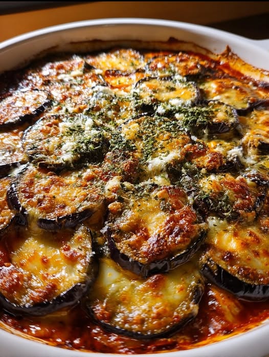 Pastel de berenjena al horno con queso parmesano, dorado y crujiente, servido en plato casero.