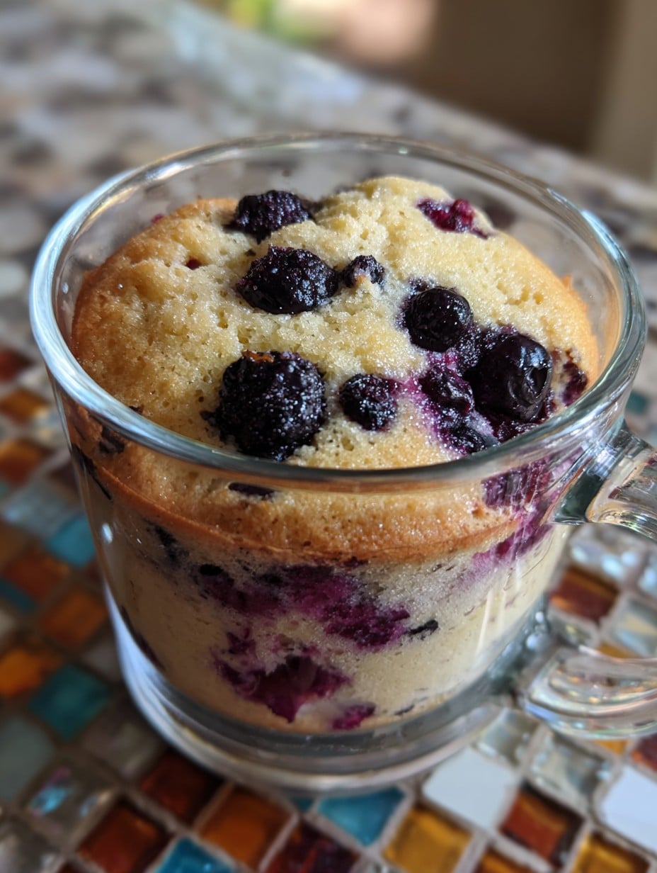 “Mug cake de yogur y arándanos esponjoso servido en una taza blanca, con arándanos frescos encima y fondo de cocina casera.”