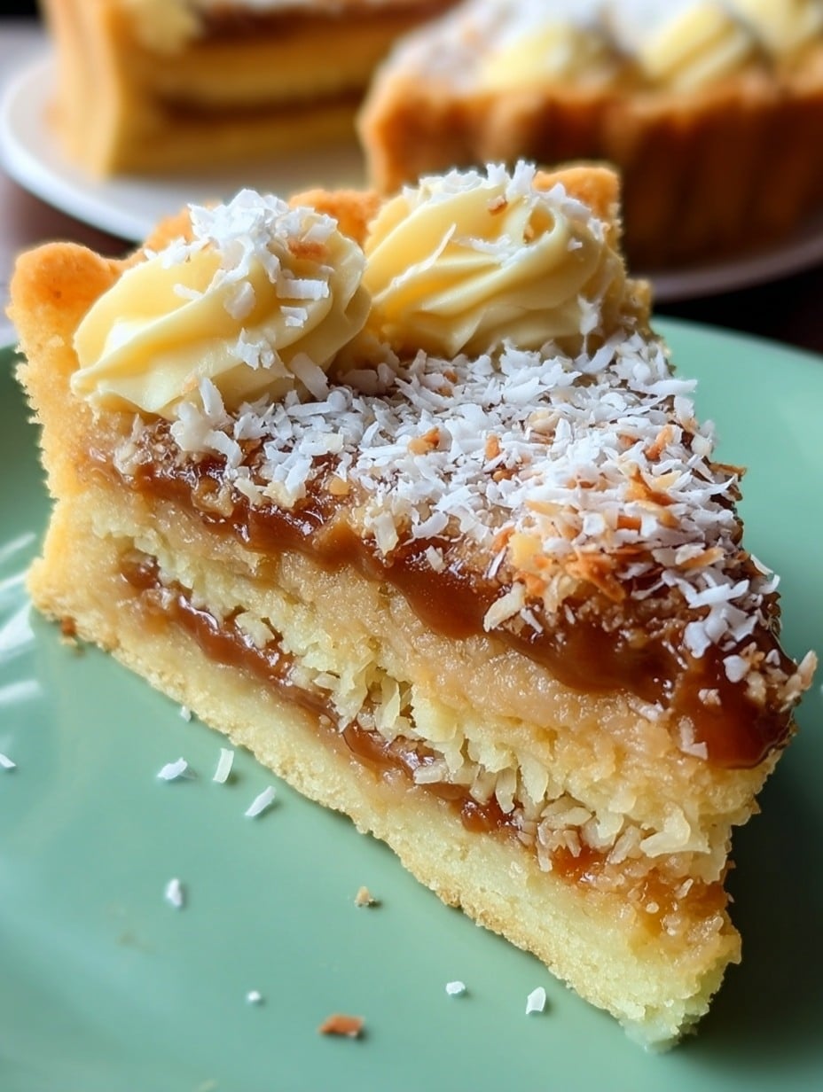 Tarta de Coco y Dulce de Leche recién horneada con base dorada, capa cremosa de dulce de leche y cobertura de coco rallado dorado.