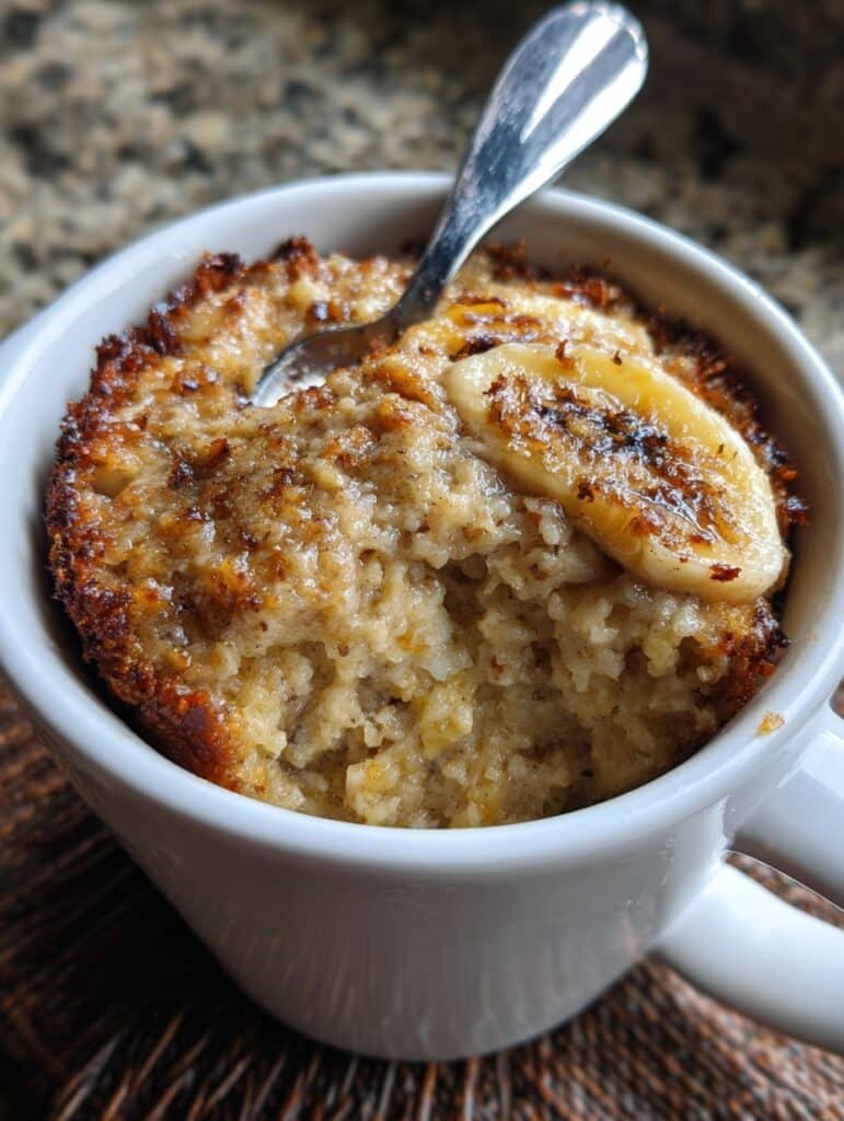 Mug cake de avena y plátano servido en una taza blanca, recién hecho, con textura esponjosa y rodajas de plátano encima.