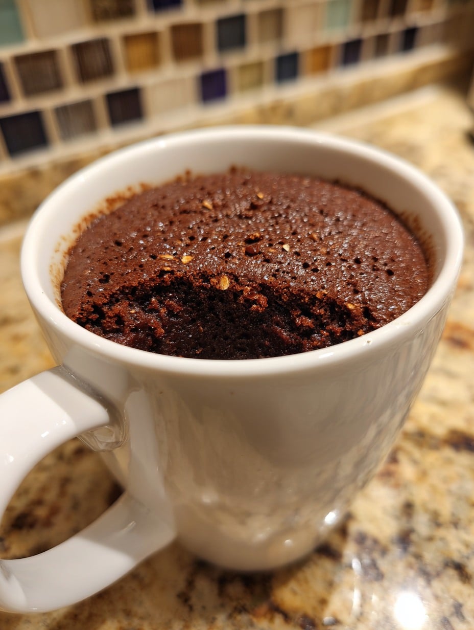 Brownie de chocolate en taza recién hecho, húmedo y esponjoso, servido con una cuchara y trozos de chocolate encima.