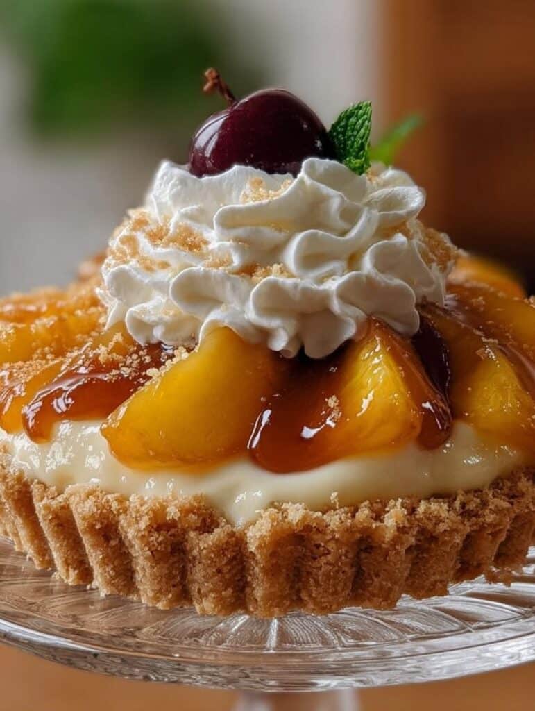 Tarta cremosa de durazno con nata montada, decorada con rodajas de durazno sobre una base de galleta.