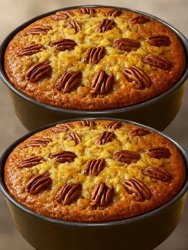 Pastel casero de nueces recién horneado, decorado con nueces enteras sobre una mesa rústica.