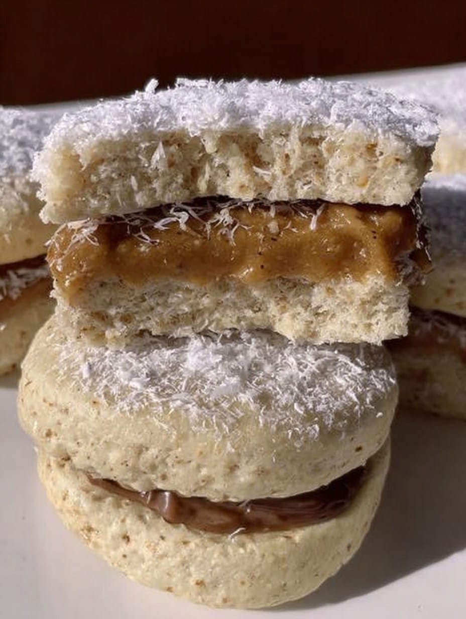 Alfajor de avena y maicena relleno con dulce de leche sin azúcar y bordes cubiertos de coco rallado.