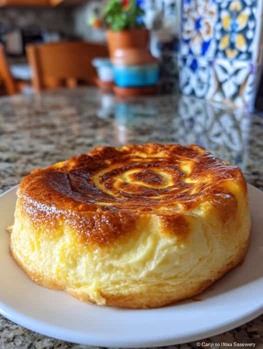 Flan de Elote y Queso Cremoso “Abuelita Approved” servido en un plato blanco, con caramelo dorado y textura cremosa.
