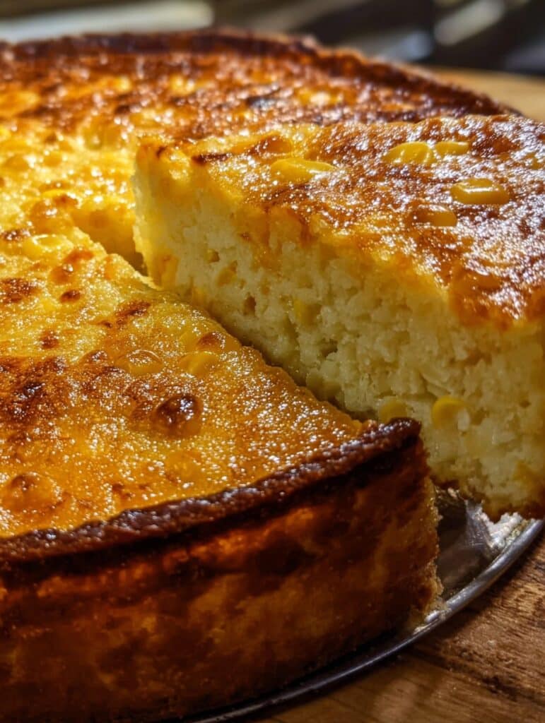 Pastel de elote y queso casero, cremoso y dorado recién horneado sobre una mesa rústica, acompañado de una taza de café.