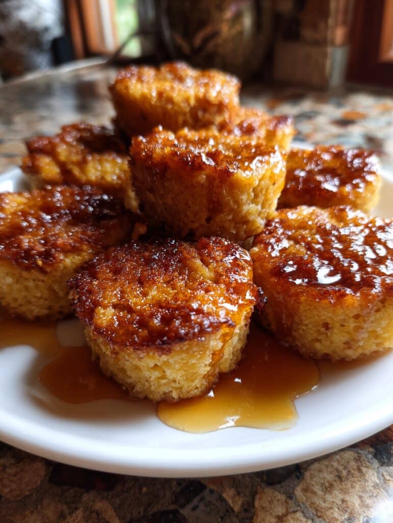 Panecitos de avena y manzana dorados al sartén, servidos tibios con miel y canela sobre una mesa de desayuno casero.