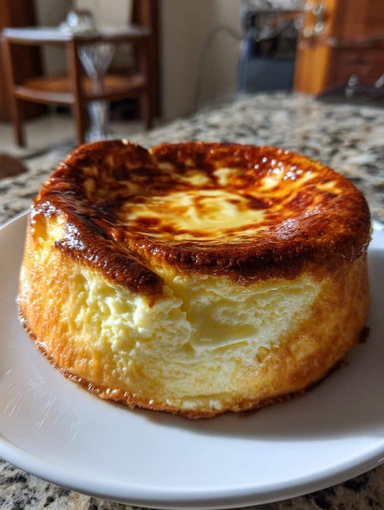 Flan cremoso de elote con queso servido en un plato blanco, decorado con granos de maíz y caramelo líquido.