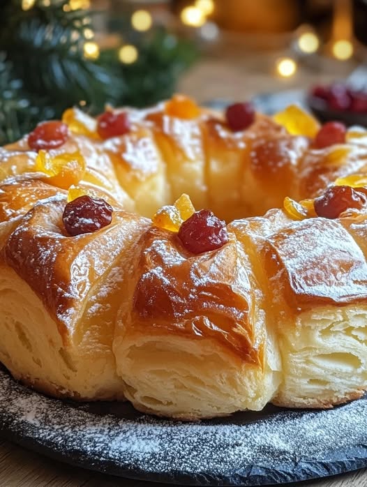 Roscón de Reyes casero decorado con frutas confitadas, almendras y azúcar, recién horneado y listo para disfrutar en familia.
