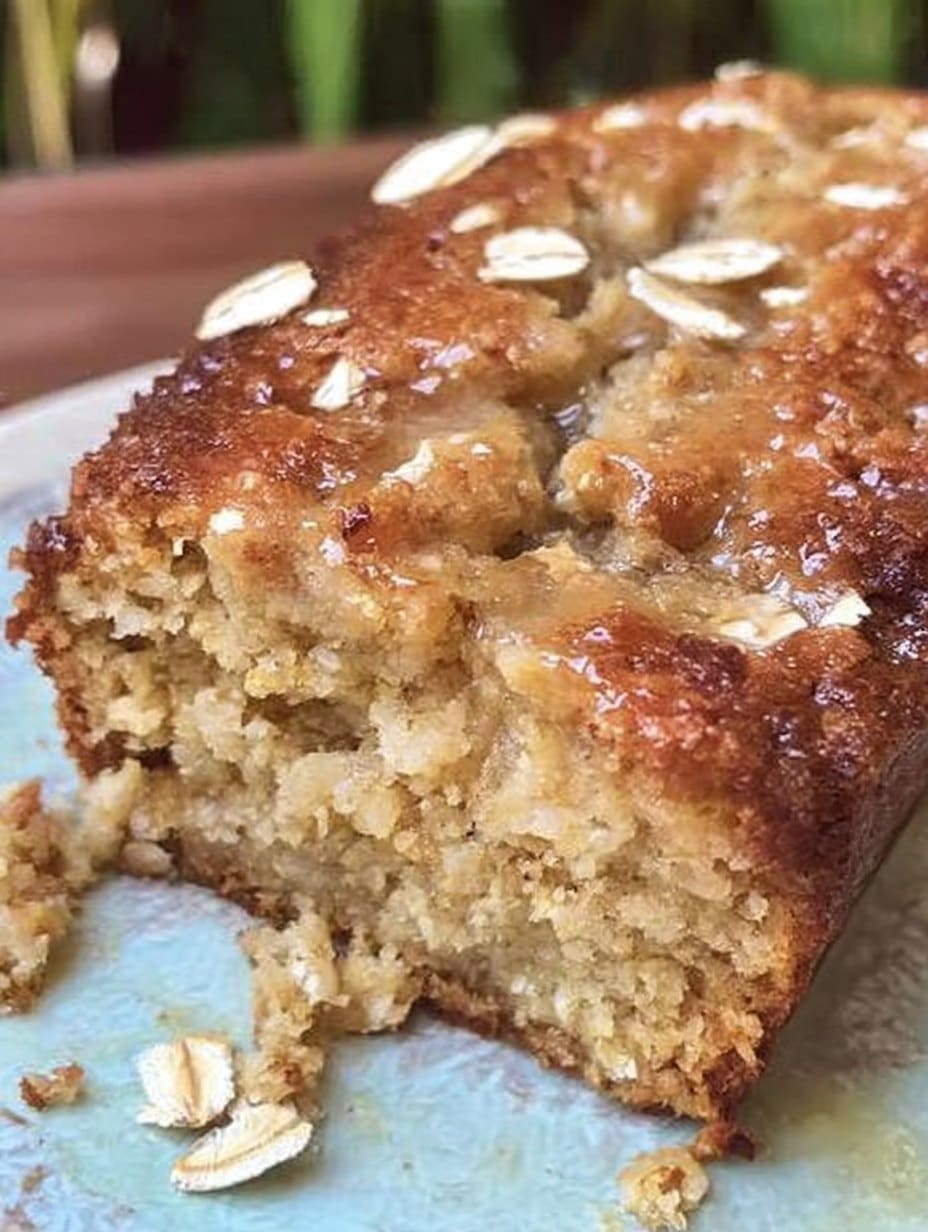 Budín de manzana y avena casero recién horneado, sobre una mesa de madera, con rodajas de manzana y avena decorando alrededor.