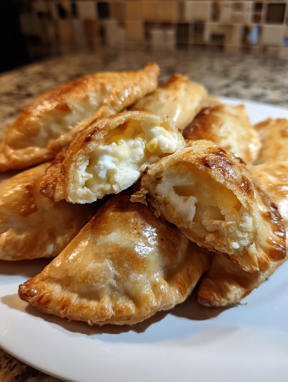 Empanaditas dulces de elote y queso crema recién horneadas, doradas y espolvoreadas con azúcar y canela sobre una bandeja.