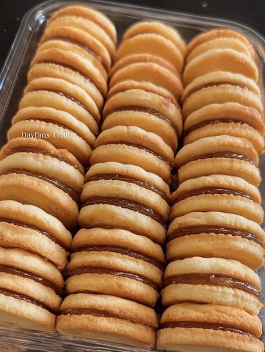 Galletas de mantequilla caseras rellenas de dulce de leche sobre una mesa de madera, recién horneadas.