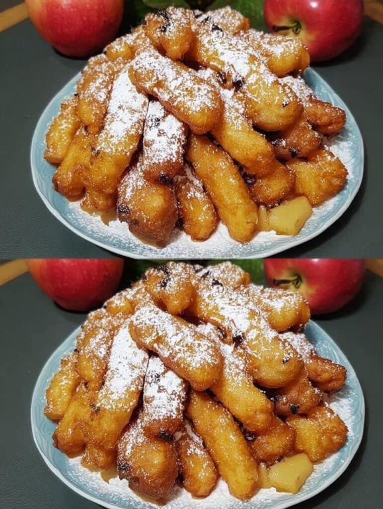 Tortitas dulces de manzana hechas en sartén, sin horno ni levadura, con yogur y huevo, espolvoreadas con azúcar glas.