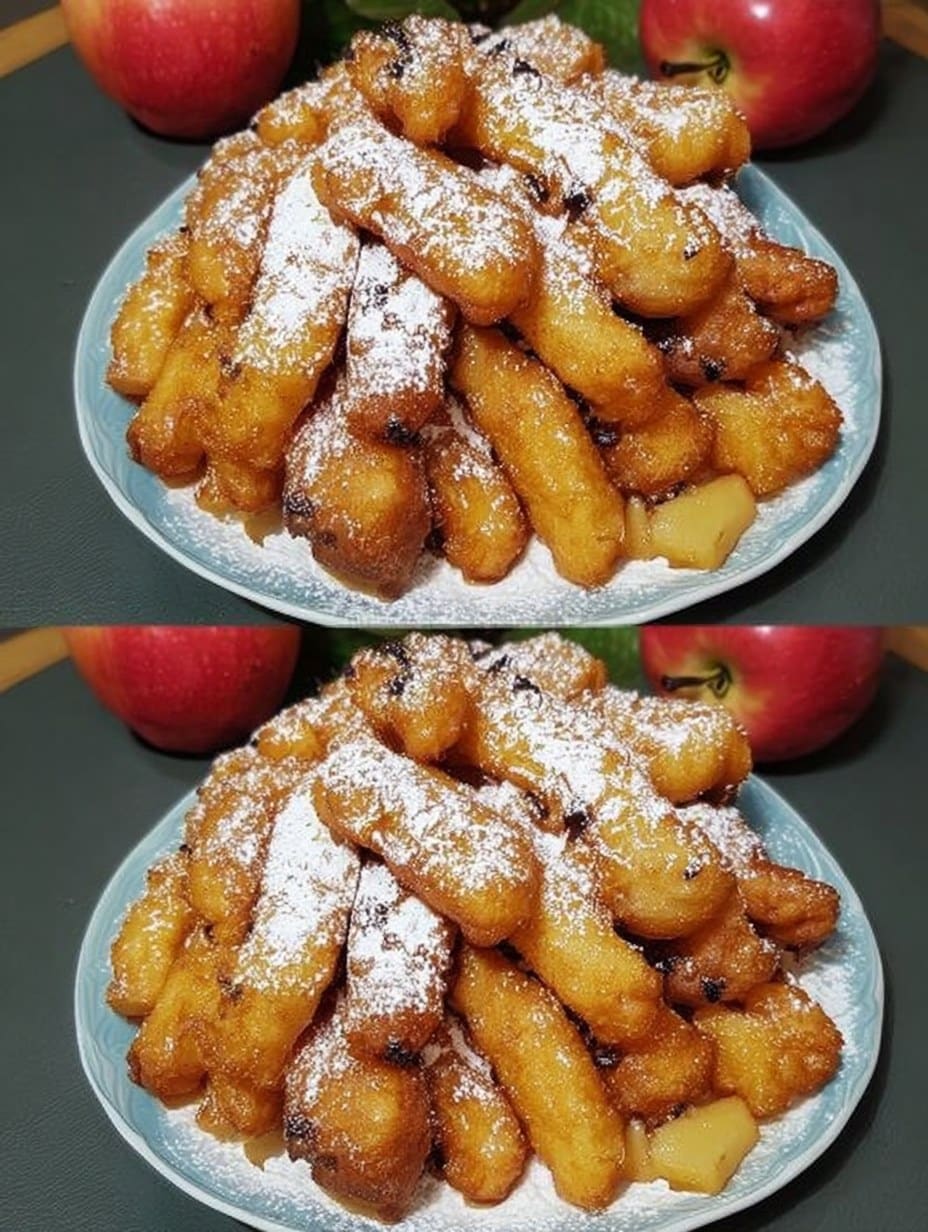 Tortitas dulces de manzana hechas en sartén, sin horno ni levadura, con yogur y huevo, espolvoreadas con azúcar glas.