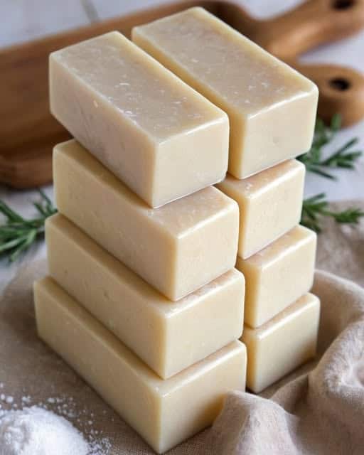 Jabón casero de vinagre y bicarbonato en frascos de vidrio, hecho con ingredientes naturales como vinagre blanco, bicarbonato de sodio y jabón rallado.