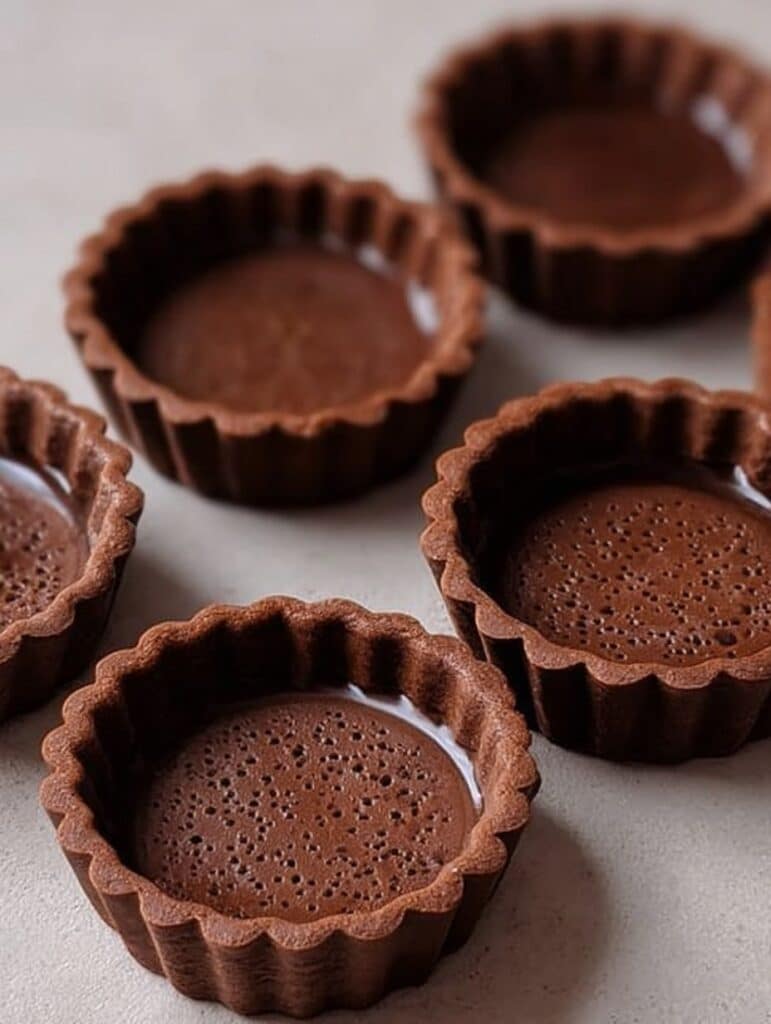 Masa sablé de chocolate para tartaletas recién horneada, crujiente y lista para rellenar con crema o ganache.