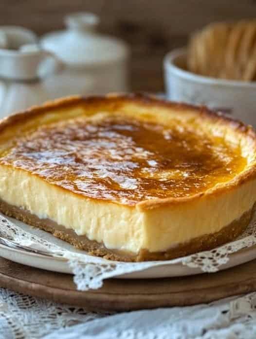 Tarta de Quesitos y Sobaos casera cubierta con caramelo líquido, servida en un plato blanco sobre una mesa de madera.