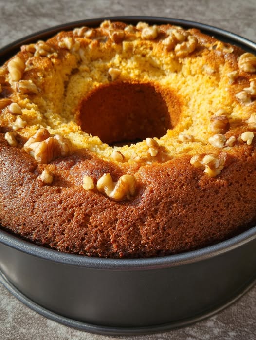 Pastel de naranja con nueces recién horneado sobre una mesa de madera, decorado con rodajas de naranja y nueces.