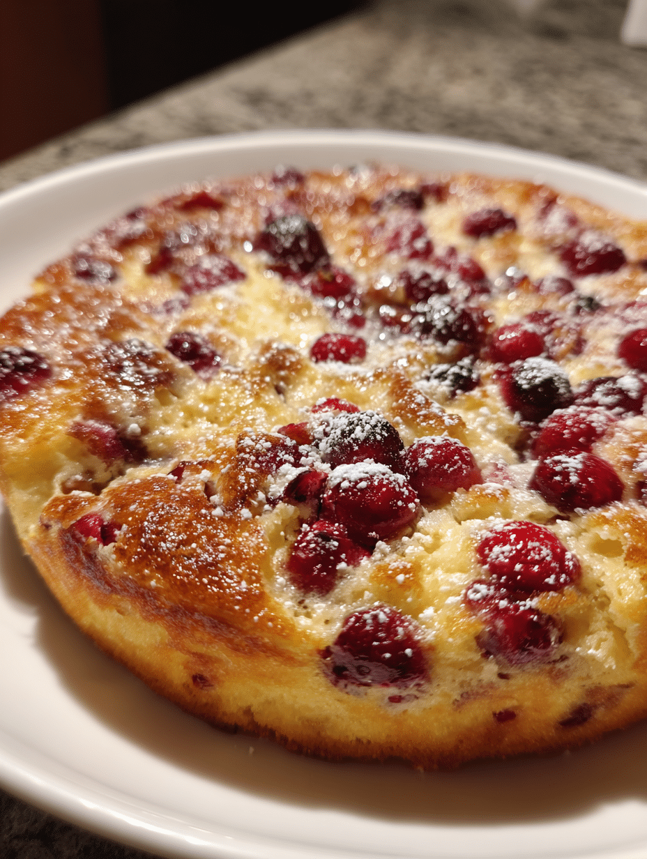 Pastel de desayuno con requesón y arándanos recién horneado en un plato blanco, con rodajas de naranja al lado.