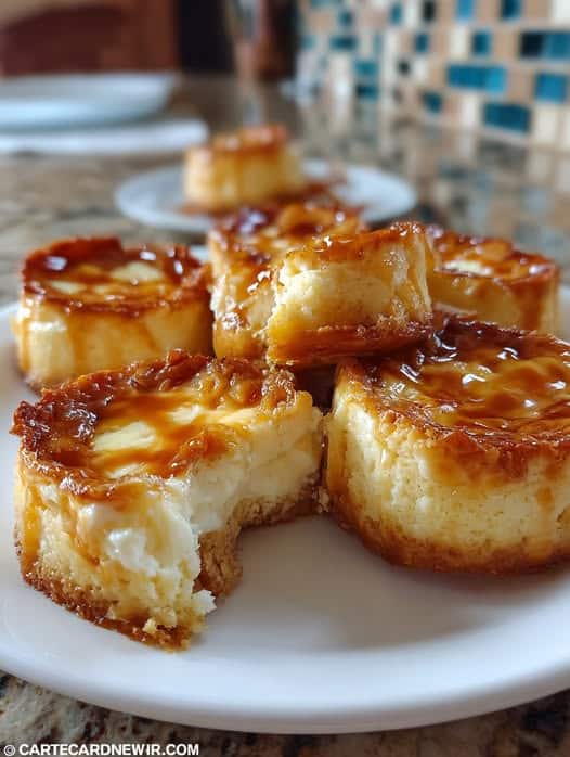 Mini flanes de elote dorados con caramelo servidos en platitos pequeños, decorados con hojas de menta.