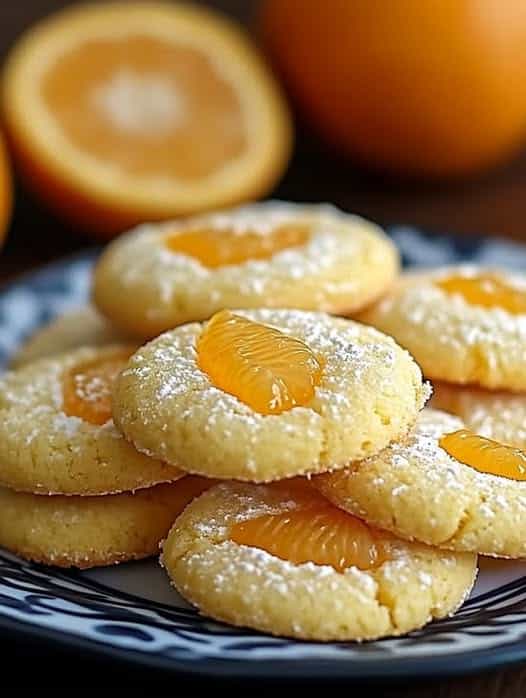 Galletas de naranja sin harina y sin azúcar sobre una mesa de madera, acompañadas de rodajas de naranja fresca.