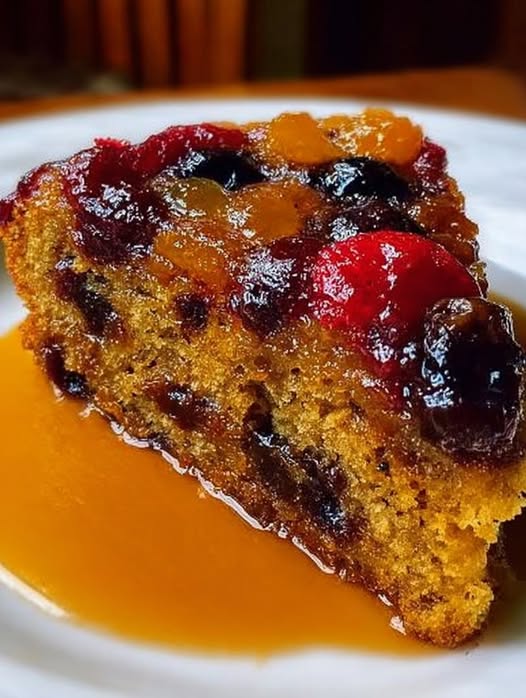 Pastel casero dorado con frutas secas y nueces, sobre una mesa de madera.