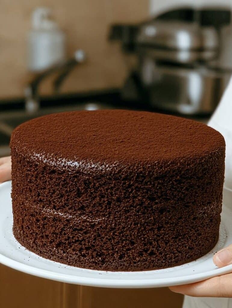 “Bizcocho de chocolate casero recién horneado sobre una rejilla, con textura esponjosa.”