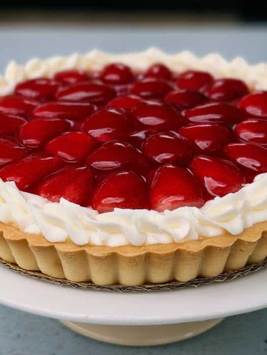 “Tarta de frutilla decorada con crema y gelatina, servida sobre una mesa de madera.”