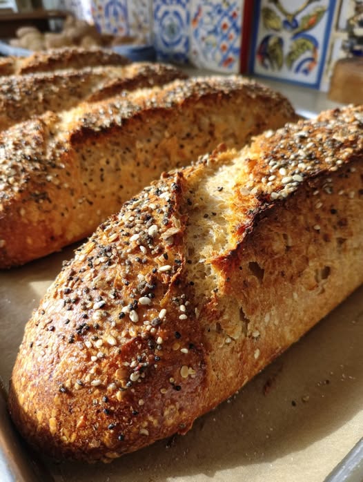 Pan rústico de avena y chía estilo baguette casero sobre una bandeja, dorado y con semillas encima.